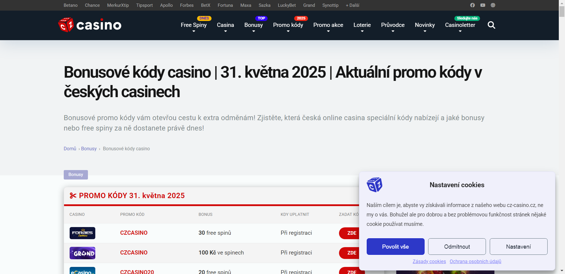 bonusové kódy kasino 2025